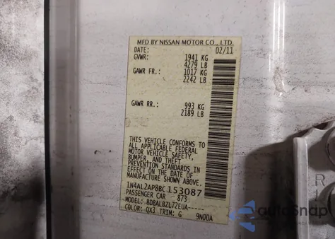 2011 Nissan Altima 2.5 S z USA, uszkodzony, nr VIN 1N4AL2AP8BC153087